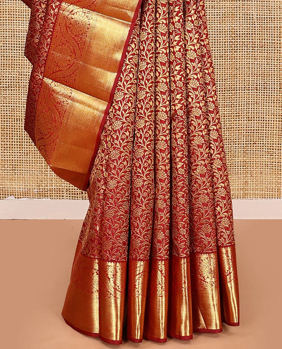 Red jacquard kanchipuram silk saree, zari border of thilakam, kathir, muthu, and dhavana kodi designs, and butta enclosed jaal pallu - Image 4