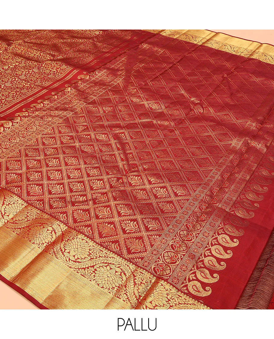 Red jacquard kanchipuram silk saree, zari border of thilakam, kathir, muthu, and dhavana kodi designs, and butta enclosed jaal pallu - Image 5