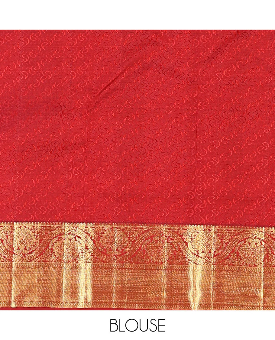 Red jacquard kanchipuram silk saree, zari border of thilakam, kathir, muthu, and dhavana kodi designs, and butta enclosed jaal pallu - Image 6