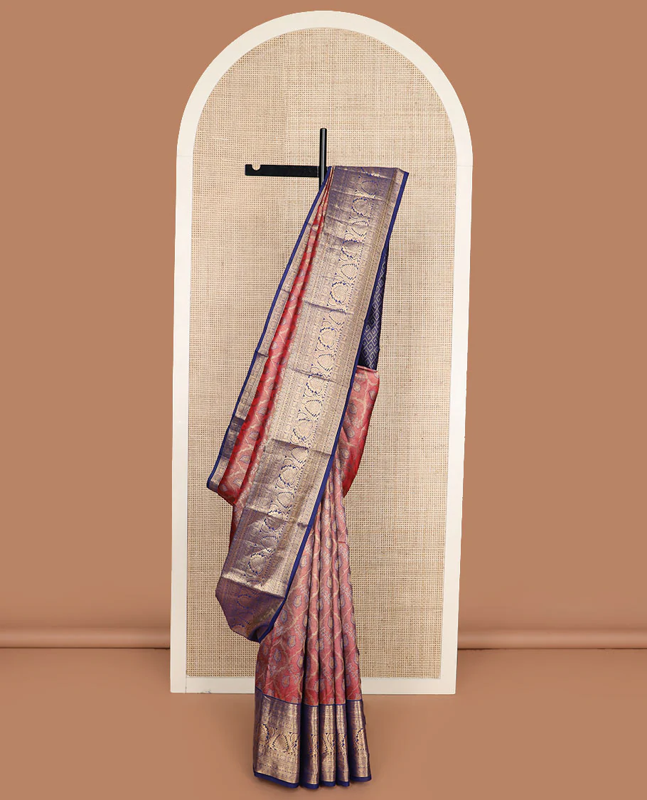 Red jacquard Kanchipuram wedding silk saree, contrast border of banaras, thilakam, neli, mayil, chakram, kuthirai, and floral designs, and pallu of greek key designs - Image 2