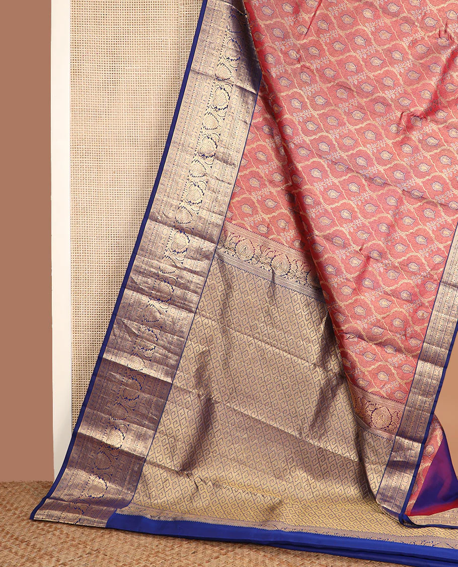 Red jacquard Kanchipuram wedding silk saree, contrast border of banaras, thilakam, neli, mayil, chakram, kuthirai, and floral designs, and pallu of greek key designs - Image 3
