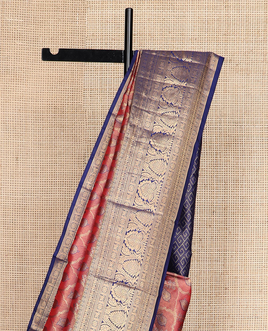 Red jacquard Kanchipuram wedding silk saree, contrast border of banaras, thilakam, neli, mayil, chakram, kuthirai, and floral designs, and pallu of greek key designs - Image 4