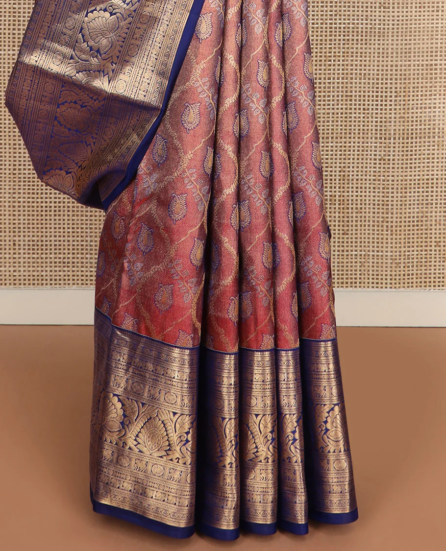 Red jacquard Kanchipuram wedding silk saree, contrast border of banaras, thilakam, neli, mayil, chakram, kuthirai, and floral designs, and pallu of greek key designs - Image 5