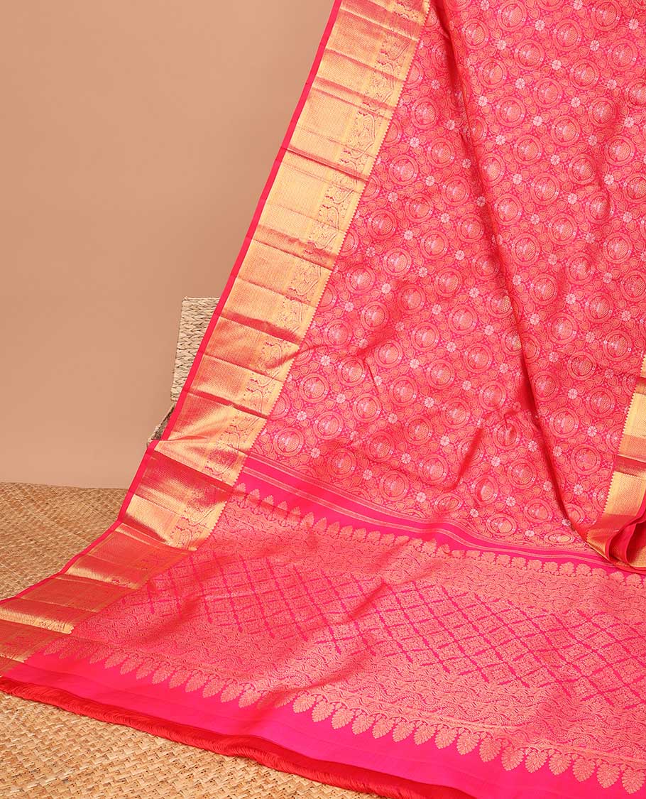 Pink jacquard samudrika silk saree with self intricate zari design border & traditional zari design pallu - Image 3