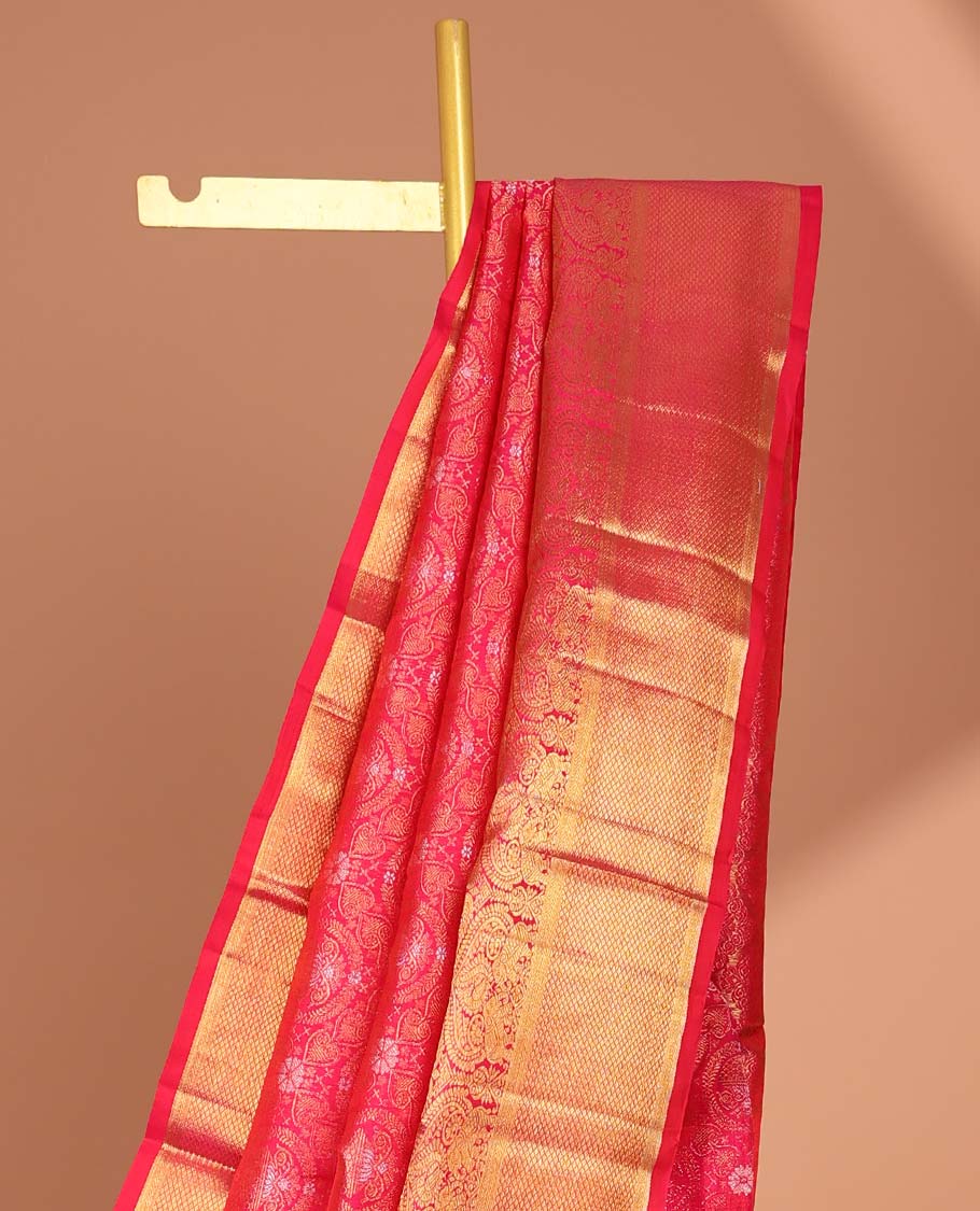 Pink jacquard samudrika silk saree with self intricate zari design border & traditional zari design pallu - Image 4