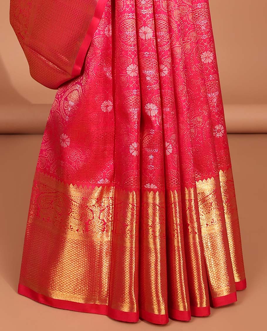 Pink jacquard samudrika silk saree with self intricate zari design border & traditional zari design pallu - Image 5