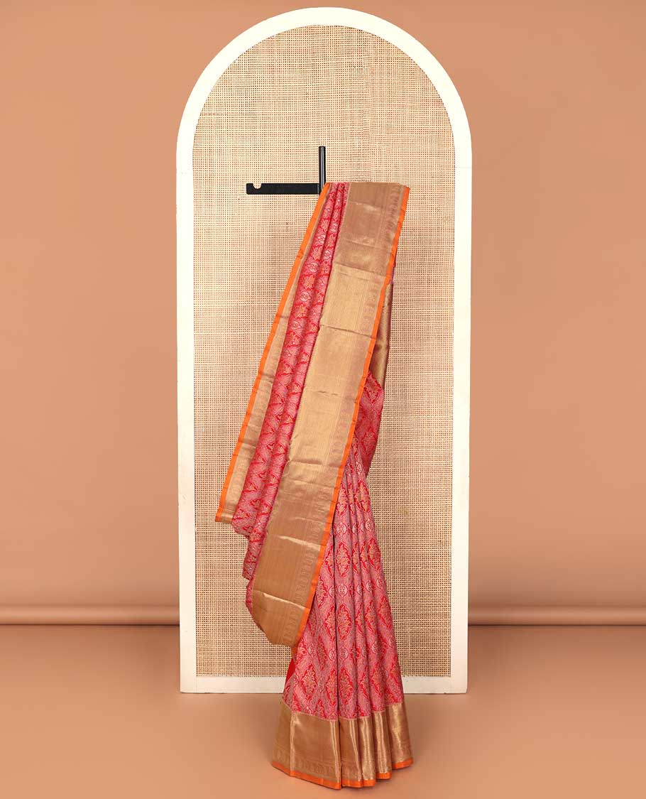 Red jacquard Samudrika silk saree, contrast border of rekku, zari stripes, banaras, and manga designs, and jaal pallu