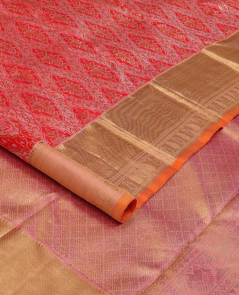 Red jacquard Samudrika silk saree, contrast border of rekku, zari stripes, banaras, and manga designs, and jaal pallu - Image 2