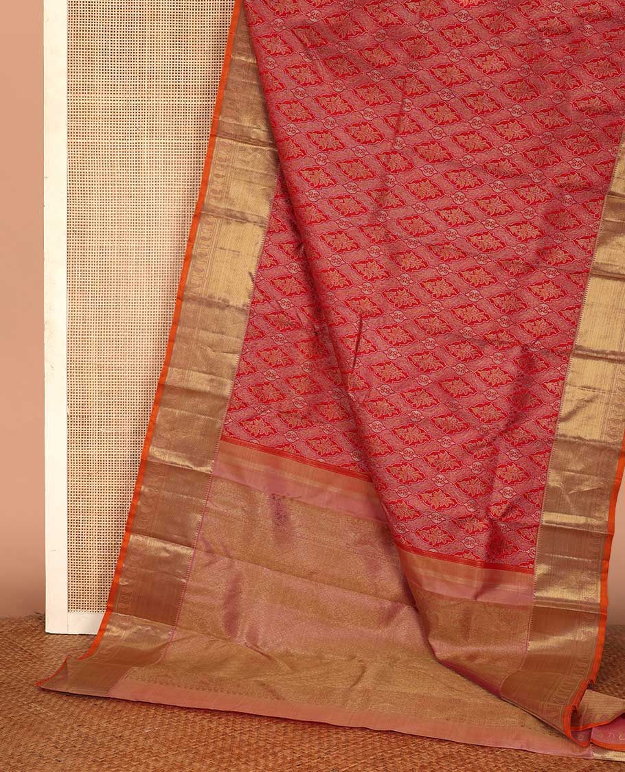 Red jacquard Samudrika silk saree, contrast border of rekku, zari stripes, banaras, and manga designs, and jaal pallu - Image 3