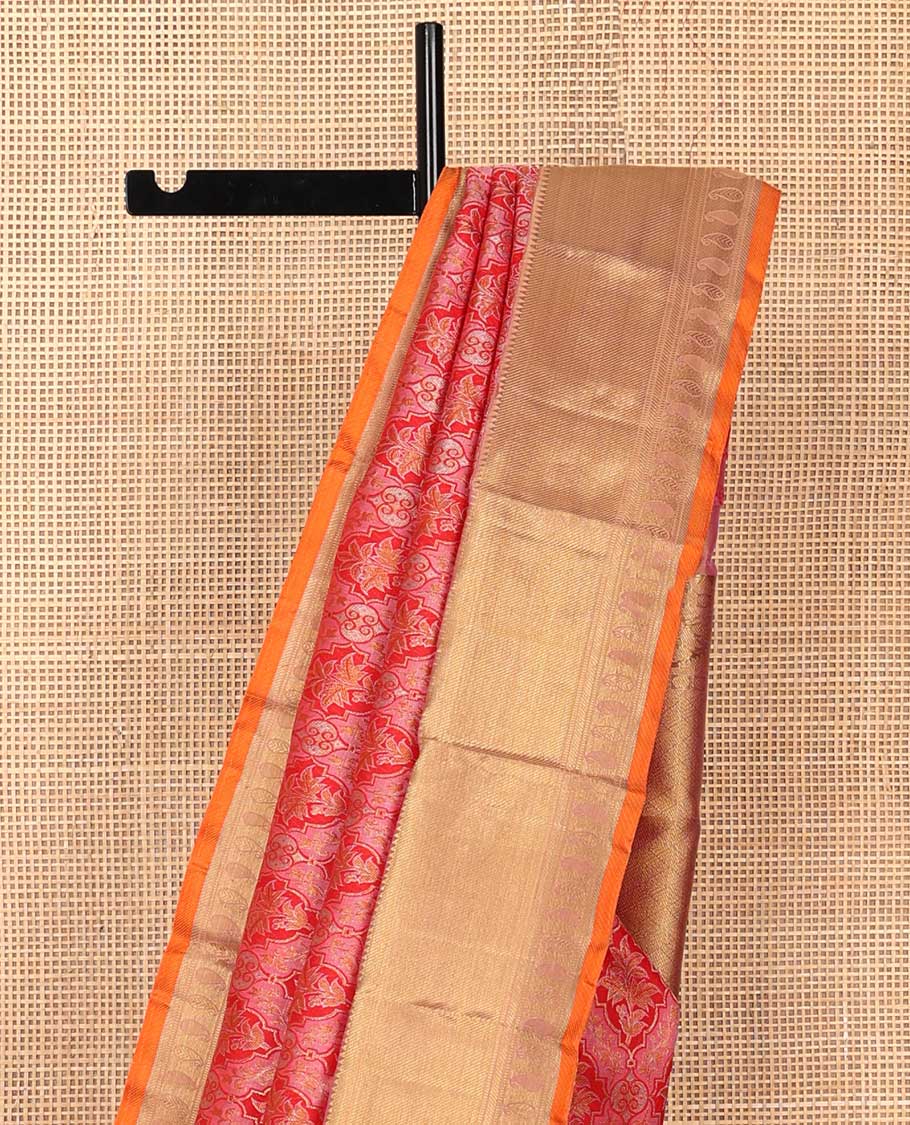 Red jacquard Samudrika silk saree, contrast border of rekku, zari stripes, banaras, and manga designs, and jaal pallu - Image 4