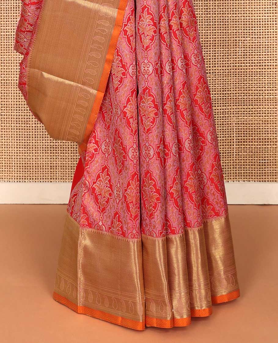 Red jacquard Samudrika silk saree, contrast border of rekku, zari stripes, banaras, and manga designs, and jaal pallu - Image 5