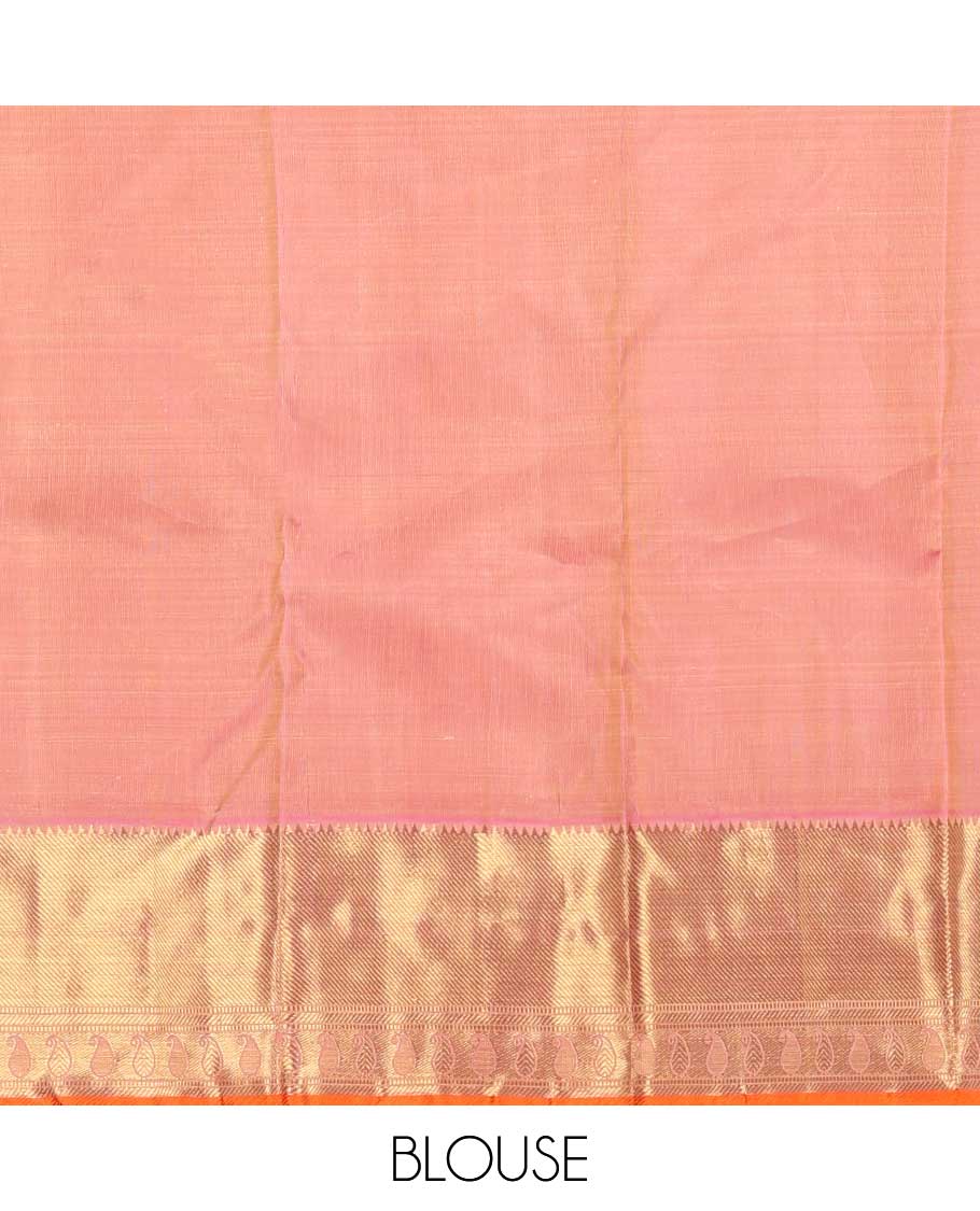 Red jacquard Samudrika silk saree, contrast border of rekku, zari stripes, banaras, and manga designs, and jaal pallu - Image 6