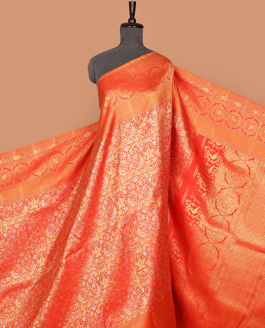 Red jacquard Samudrika silk saree, zari border of rekku,rettai neli,jaal,kodi visiry,round yaanai & round mayil & intricate pallu
