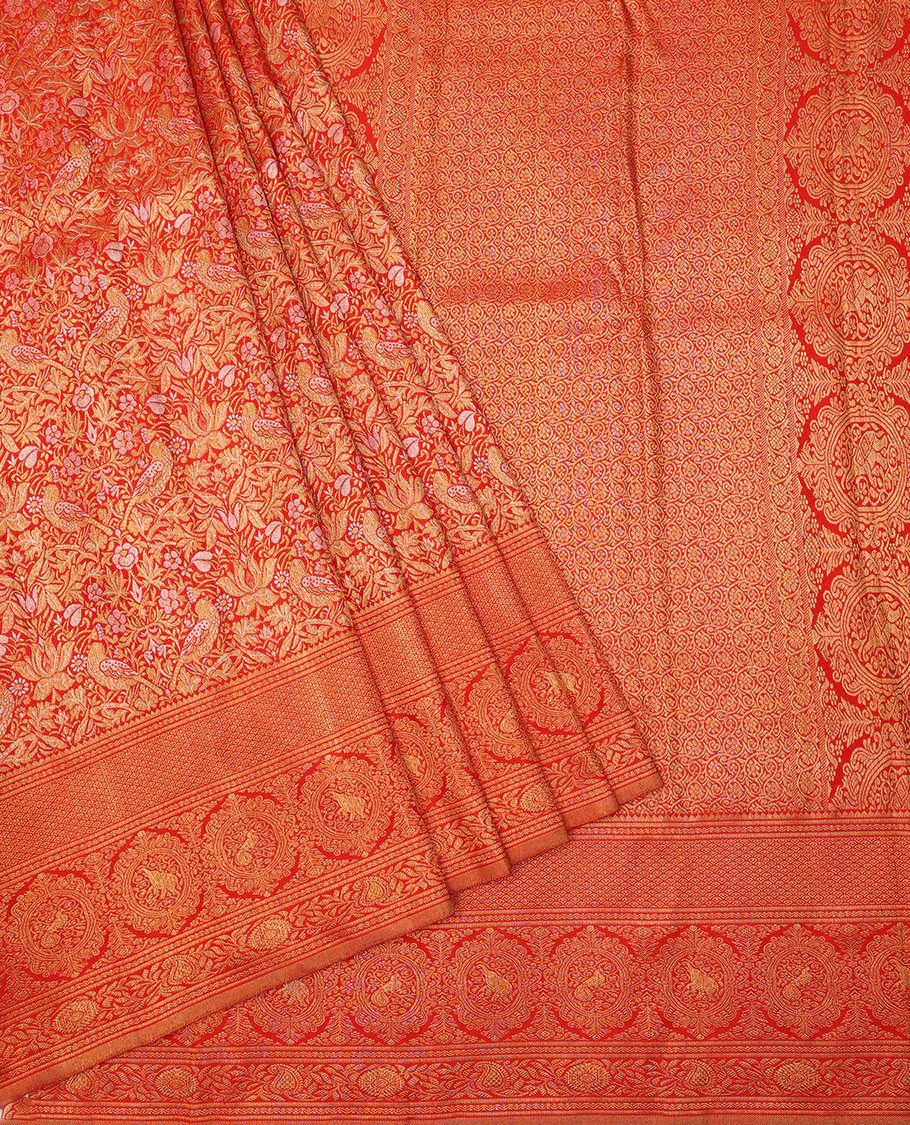 Red jacquard Samudrika silk saree, zari border of rekku,rettai neli,jaal,kodi visiry,round yaanai & round mayil & intricate pallu - Image 2