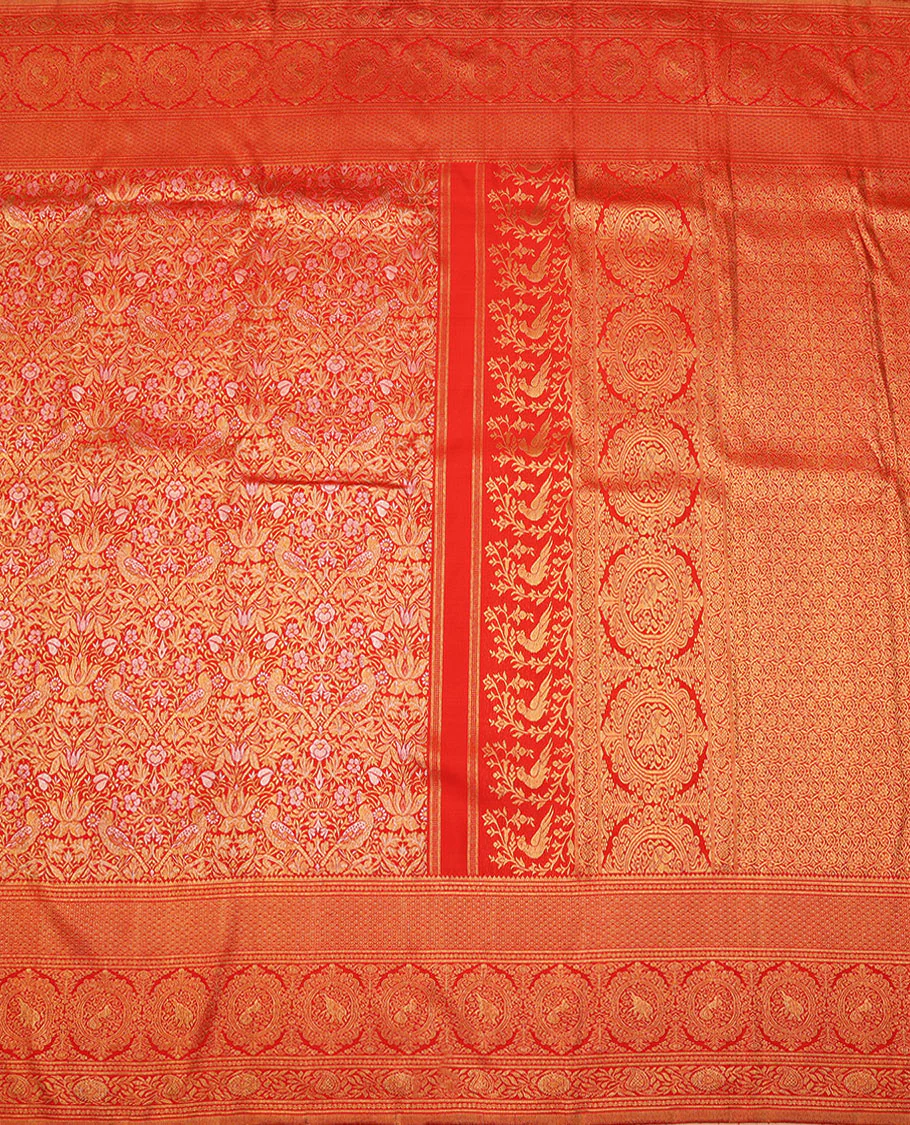 Red jacquard Samudrika silk saree, zari border of rekku,rettai neli,jaal,kodi visiry,round yaanai & round mayil & intricate pallu - Image 3
