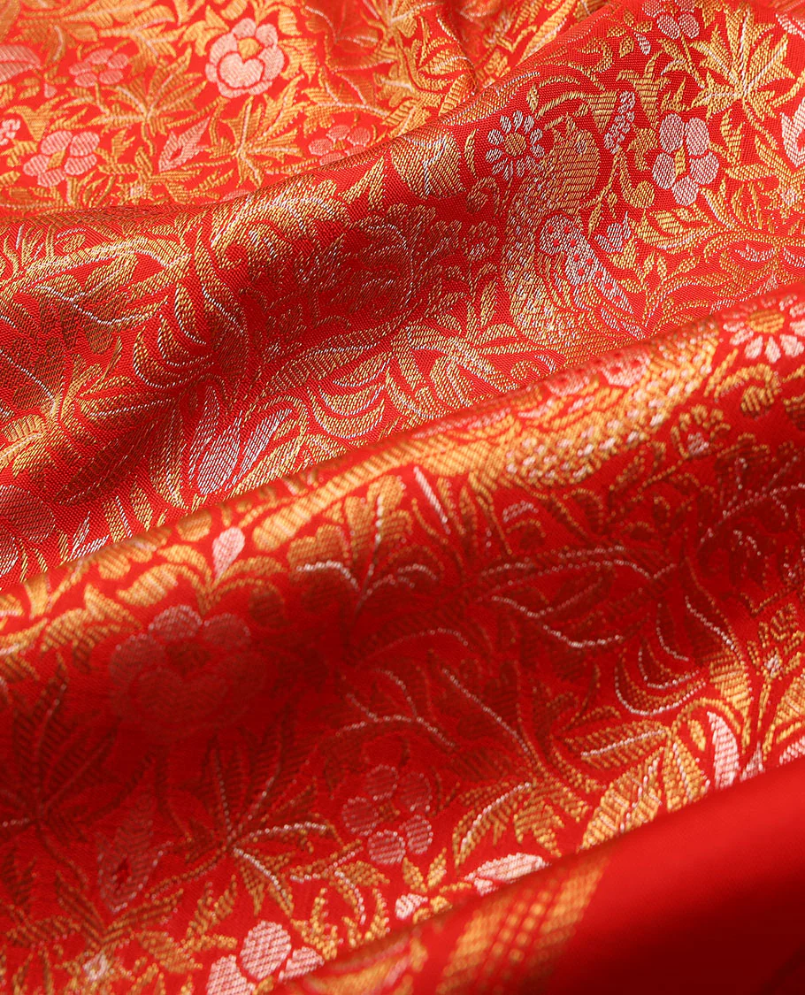 Red jacquard Samudrika silk saree, zari border of rekku,rettai neli,jaal,kodi visiry,round yaanai & round mayil & intricate pallu - Image 5