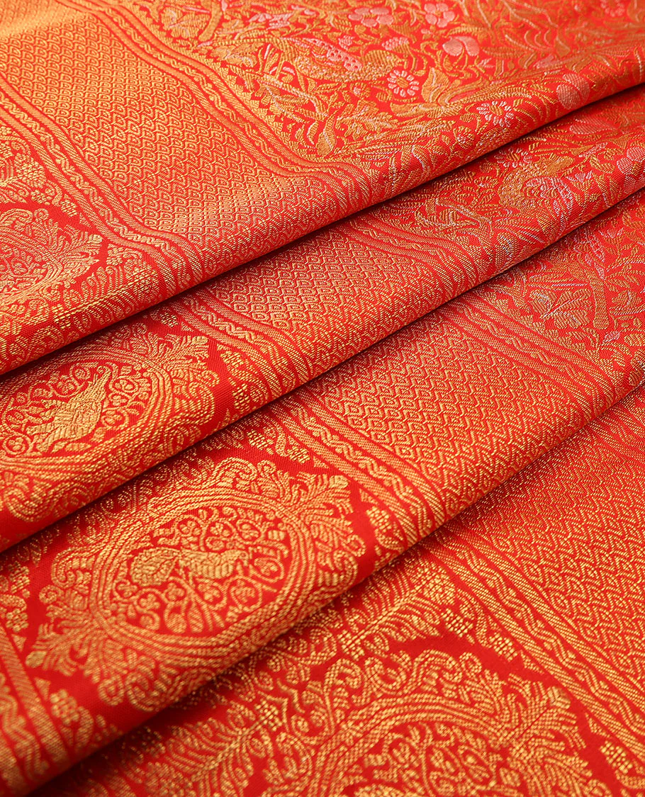Red jacquard Samudrika silk saree, zari border of rekku,rettai neli,jaal,kodi visiry,round yaanai & round mayil & intricate pallu - Image 6
