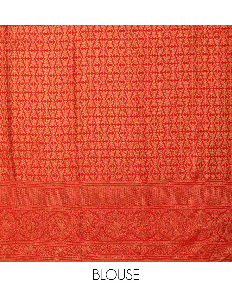 Red jacquard Samudrika silk saree, zari border of rekku,rettai neli,jaal,kodi visiry,round yaanai & round mayil & intricate pallu - Image 7