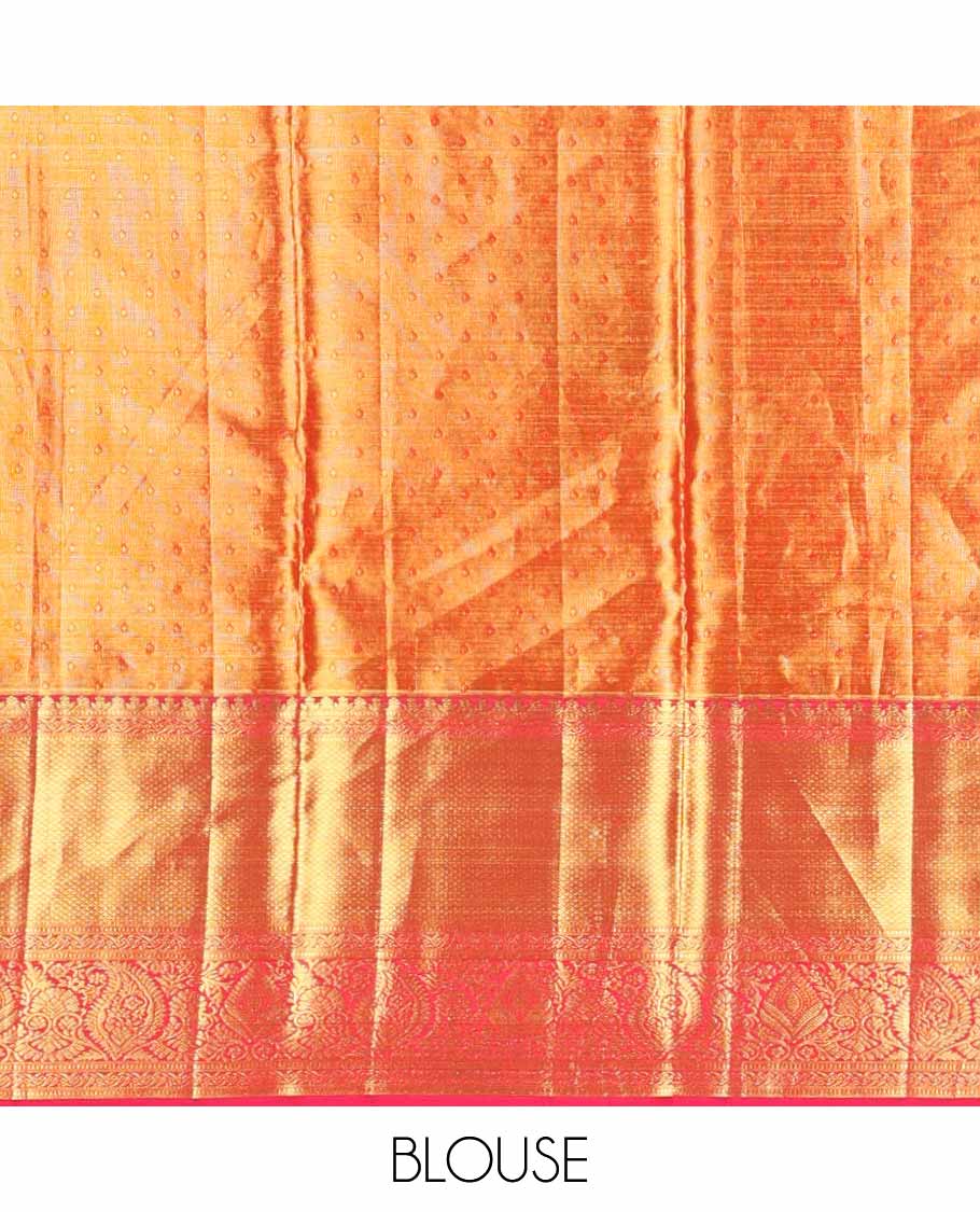 Red jacquard tissue silk saree, jaal pallu & zari border of muthu, banaras, mayil kann & arumbu manga designs - Image 6