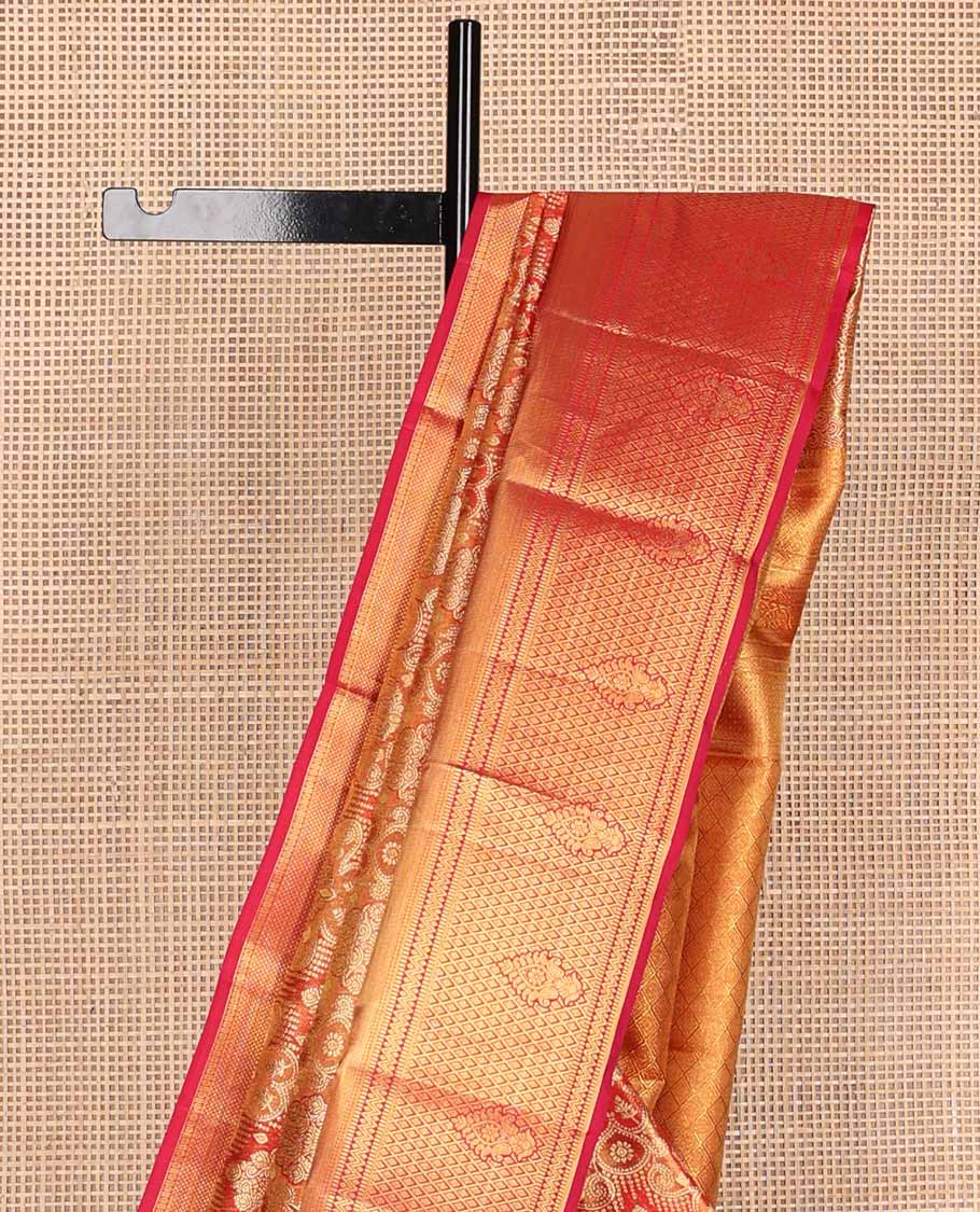Red jacquard tissue silk saree, jaal pallu & zari border of thilakam mokku, muthu, neli & jaal designs - Image 4