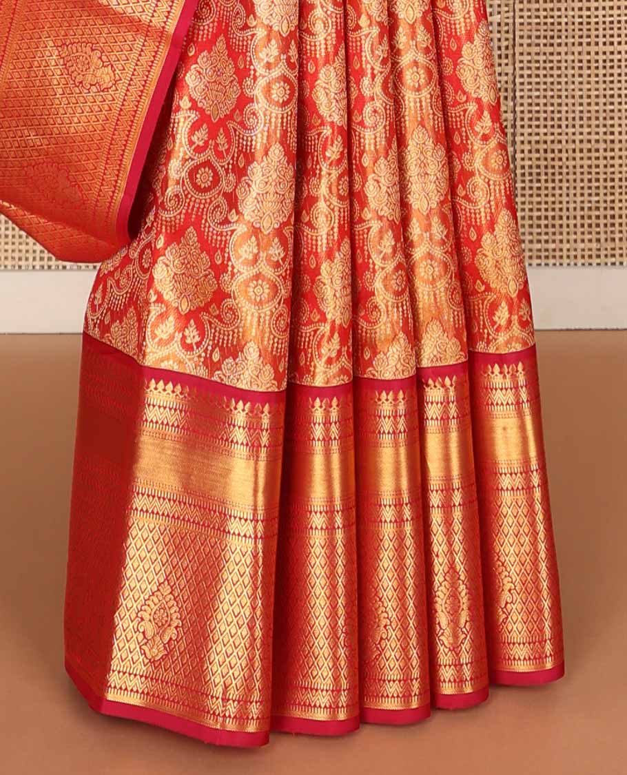 Red jacquard tissue silk saree, jaal pallu & zari border of thilakam mokku, muthu, neli & jaal designs - Image 5