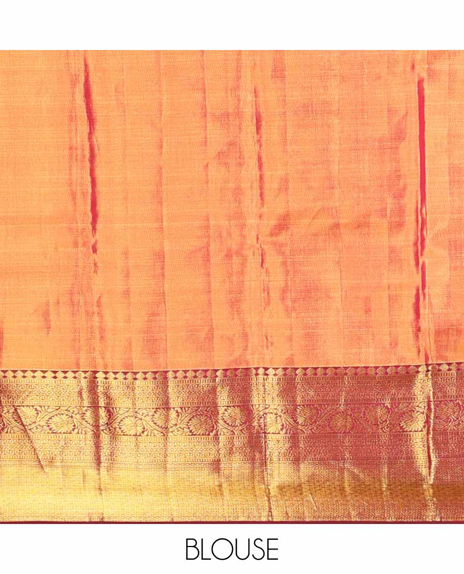 Red jacquard tissue silk saree, ogee-patterned pallu & contrast border of thilakam mokku,muthu,kodi visiry & then kuli kann designs - Image 6