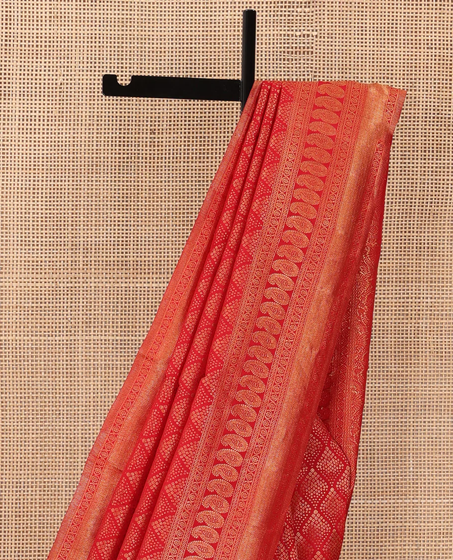 Red jacquard wedding silk saree, zari border of neli, kodi visiry, arumbu manga, and vanki designs, and floral jaal pallu - Image 4
