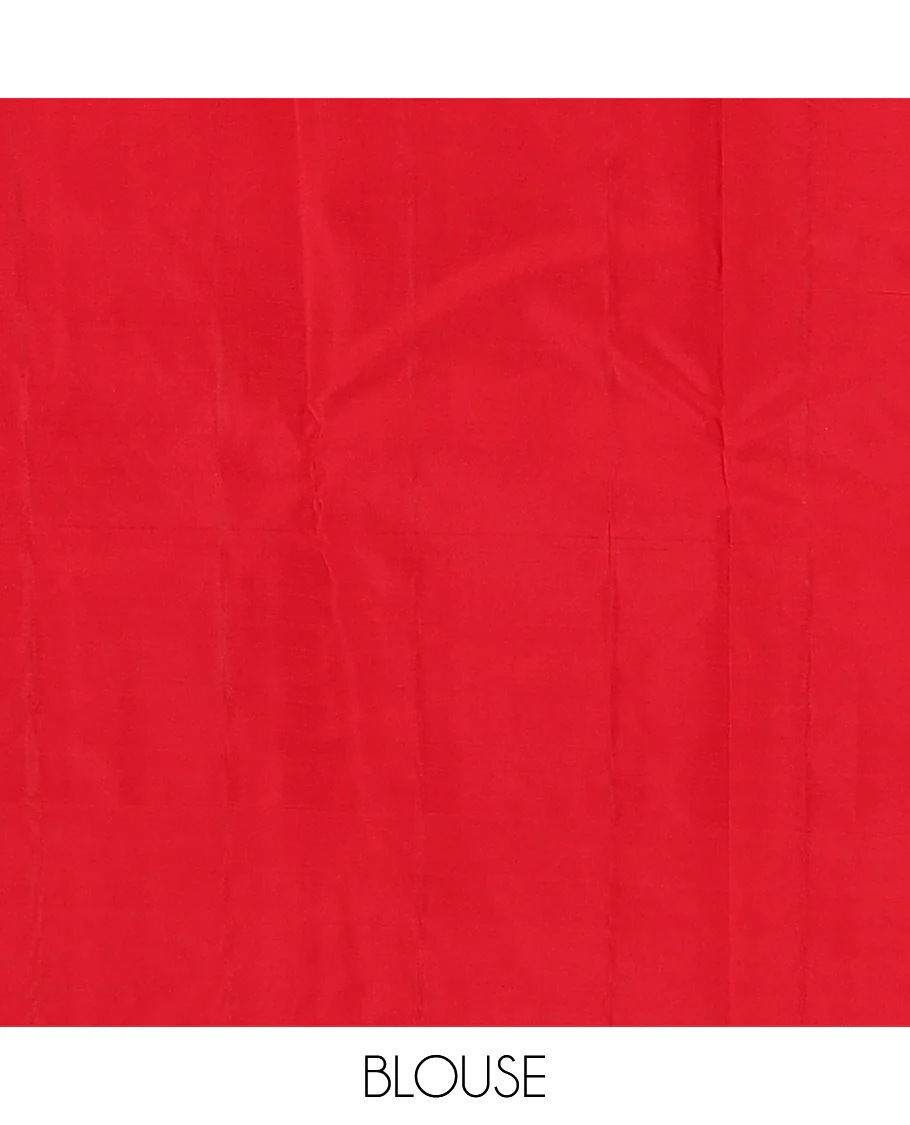 Red jacquard wedding silk saree, zari border of neli, kodi visiry, arumbu manga, and vanki designs, and floral jaal pallu - Image 6