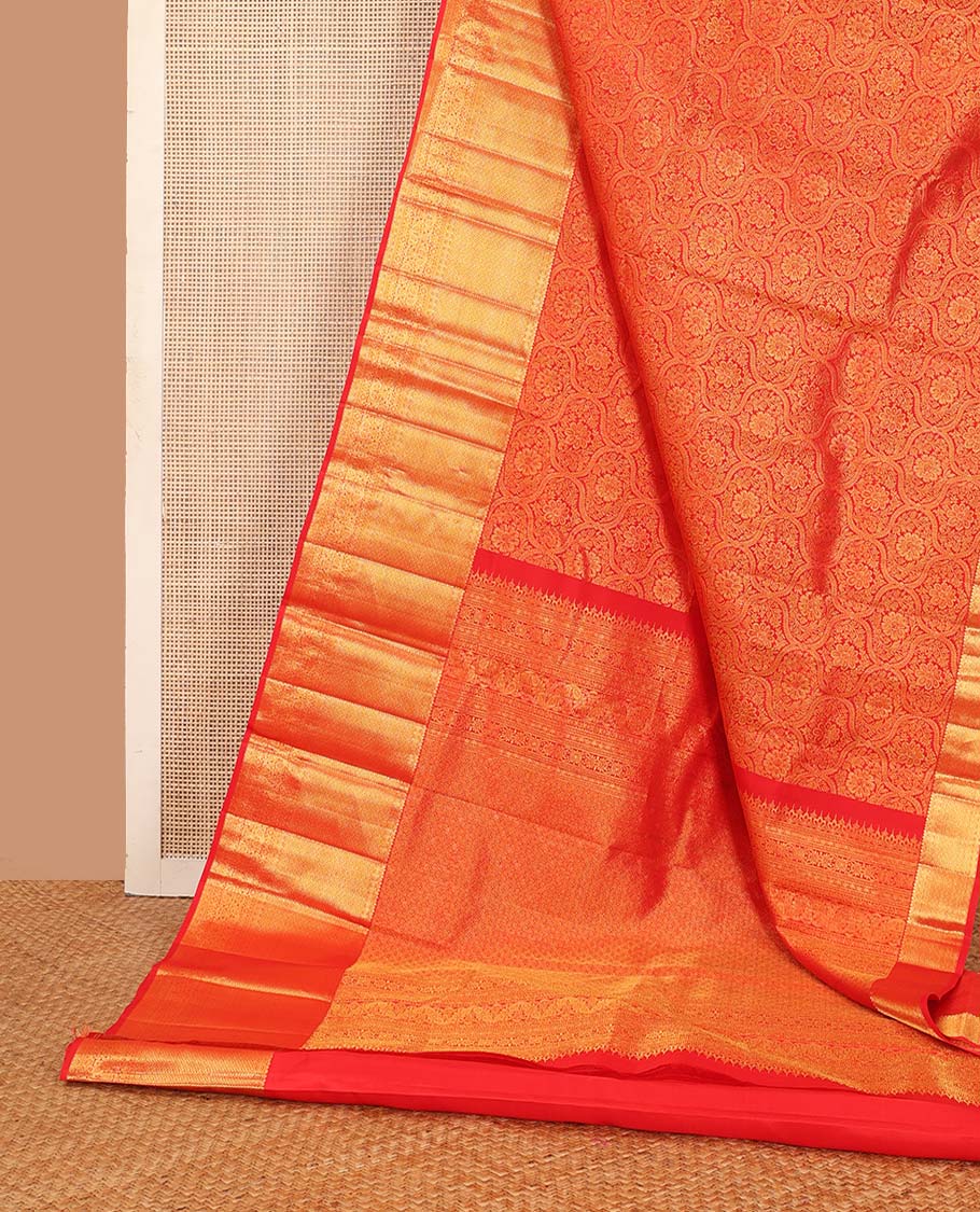 Red jacquard wedding silk saree, zari border of rekku, and paiyaadi kattam, and jaal pallu - Image 3