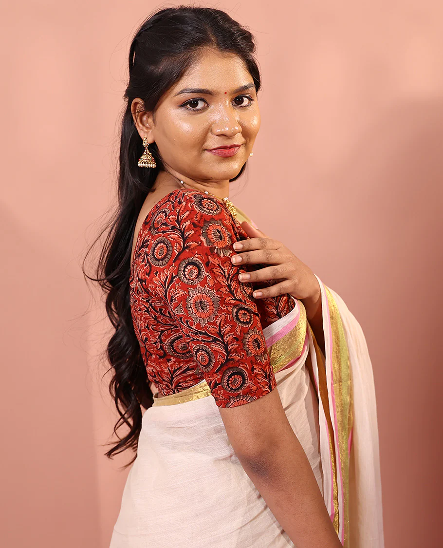 Red kalamkari floral vine printed front and back round neck elbow sleeve cotton readymade blouse - Image 2