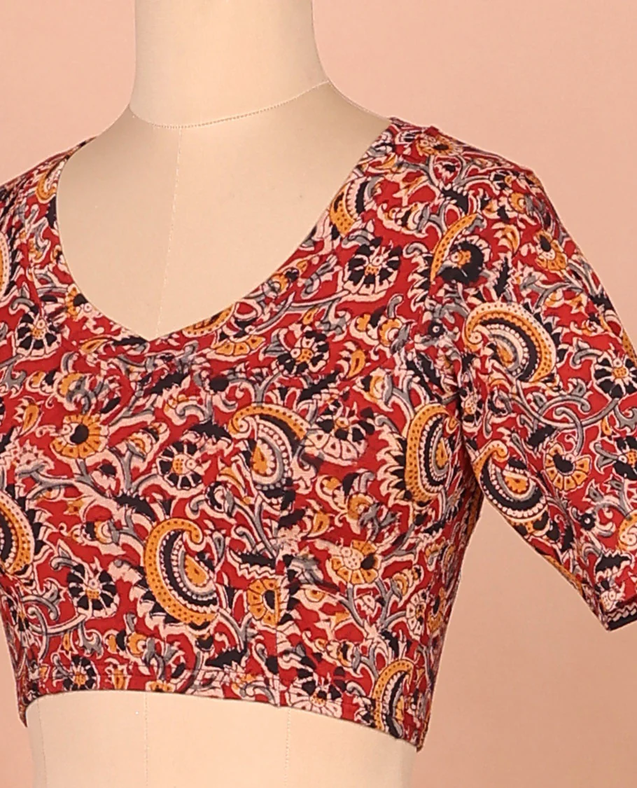 Red kalamkari floral vine printed leaf-neck elbow sleeve cotton readymade blouse - Image 2