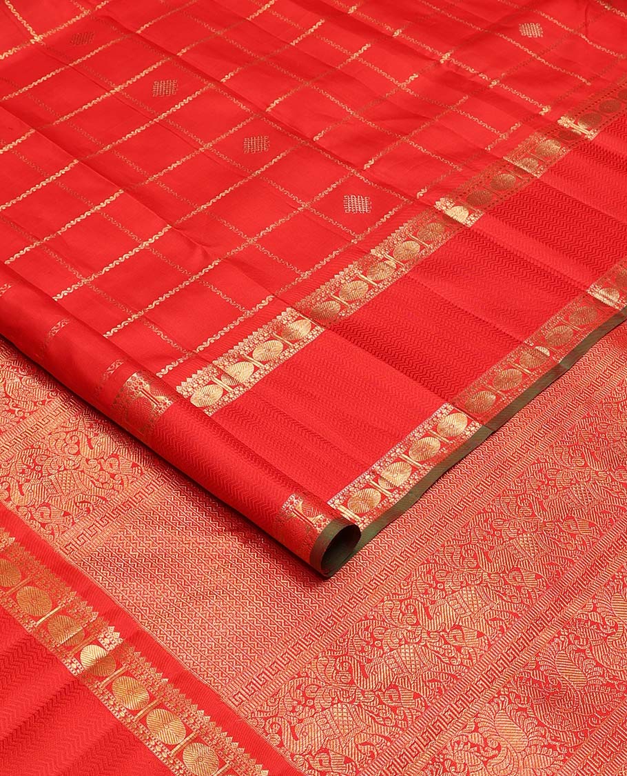 Red kolam buttas enclosed neli checked Kanchipuram silk saree, zari border of thilakam, kathir, and rudraksham designs, and pallu of neli, Greek key, yaanai, and mayil design - Image 2