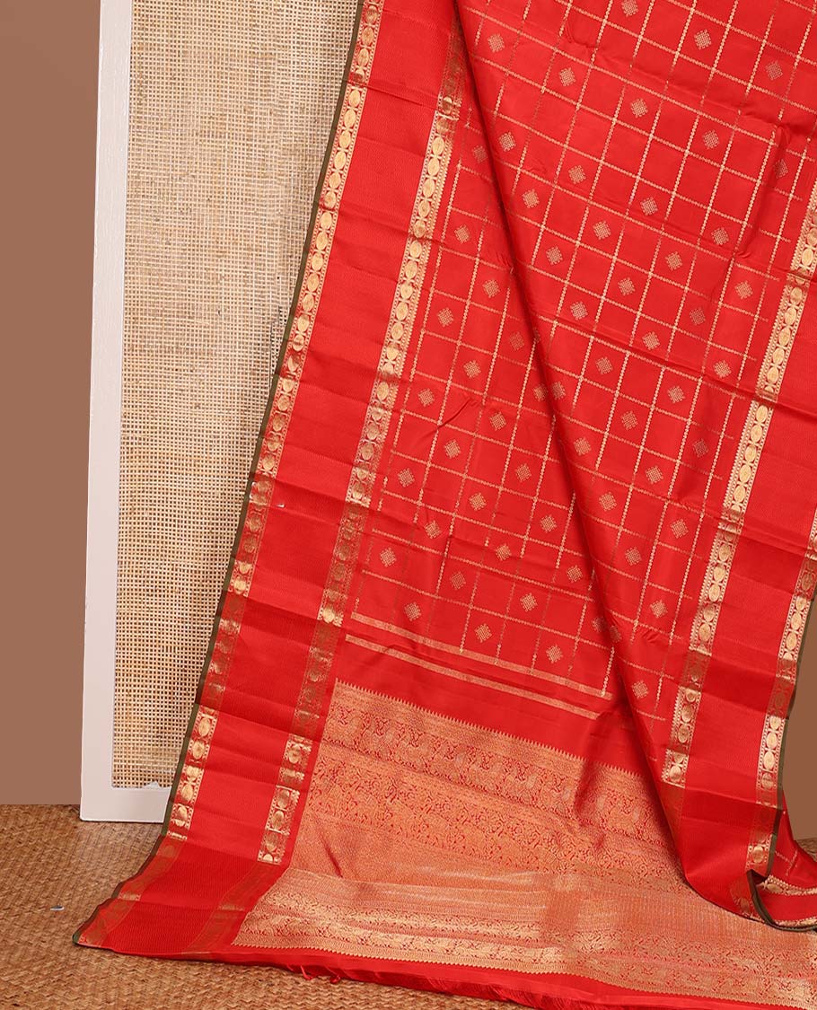 Red kolam buttas enclosed neli checked Kanchipuram silk saree, zari border of thilakam, kathir, and rudraksham designs, and pallu of neli, Greek key, yaanai, and mayil design - Image 3