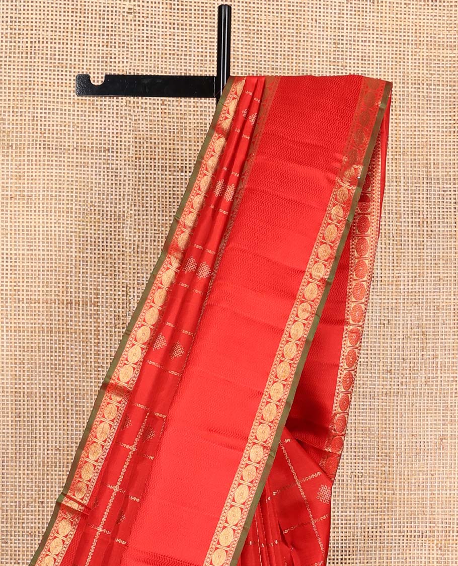Red kolam buttas enclosed neli checked Kanchipuram silk saree, zari border of thilakam, kathir, and rudraksham designs, and pallu of neli, Greek key, yaanai, and mayil design - Image 4