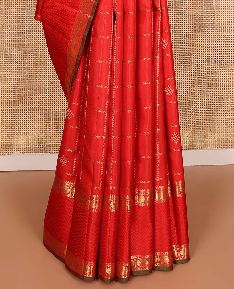 Red kolam buttas enclosed neli checked Kanchipuram silk saree, zari border of thilakam, kathir, and rudraksham designs, and pallu of neli, Greek key, yaanai, and mayil design - Image 5
