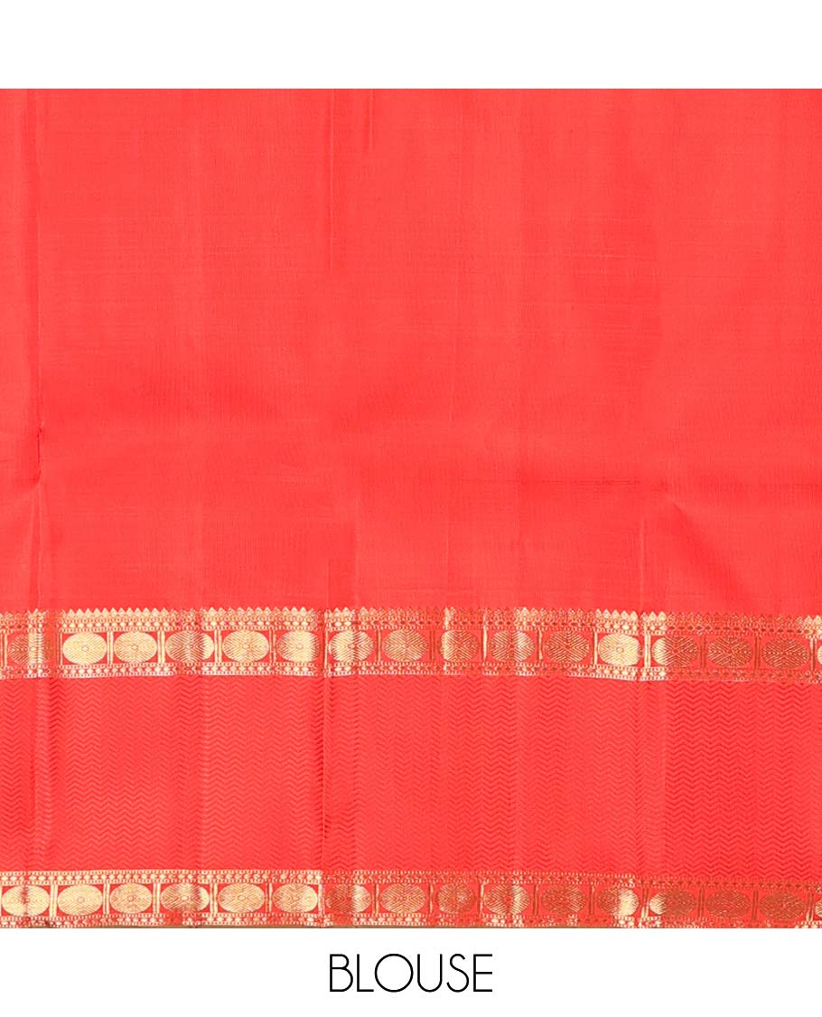 Red kolam buttas enclosed neli checked Kanchipuram silk saree, zari border of thilakam, kathir, and rudraksham designs, and pallu of neli, Greek key, yaanai, and mayil design - Image 6
