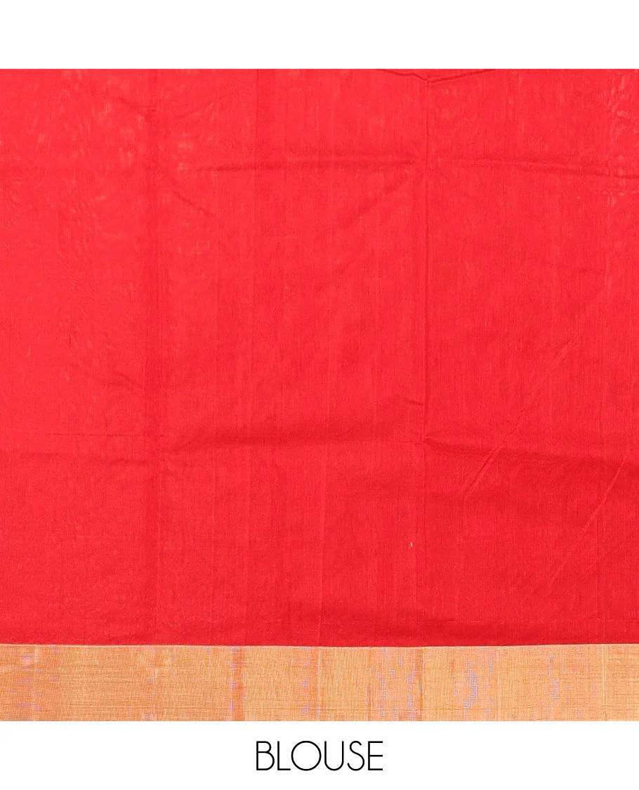 Red leaf design chanderi cotton saree with contrast zari border & striped pallu - Image 5