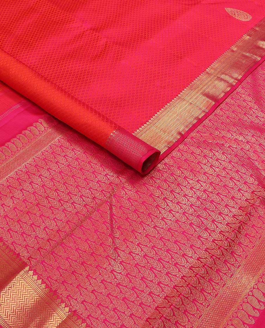 Red leaf design Parampara silk saree with self border of thilakam mokuu, vanki design & jaal design pallu - Image 2