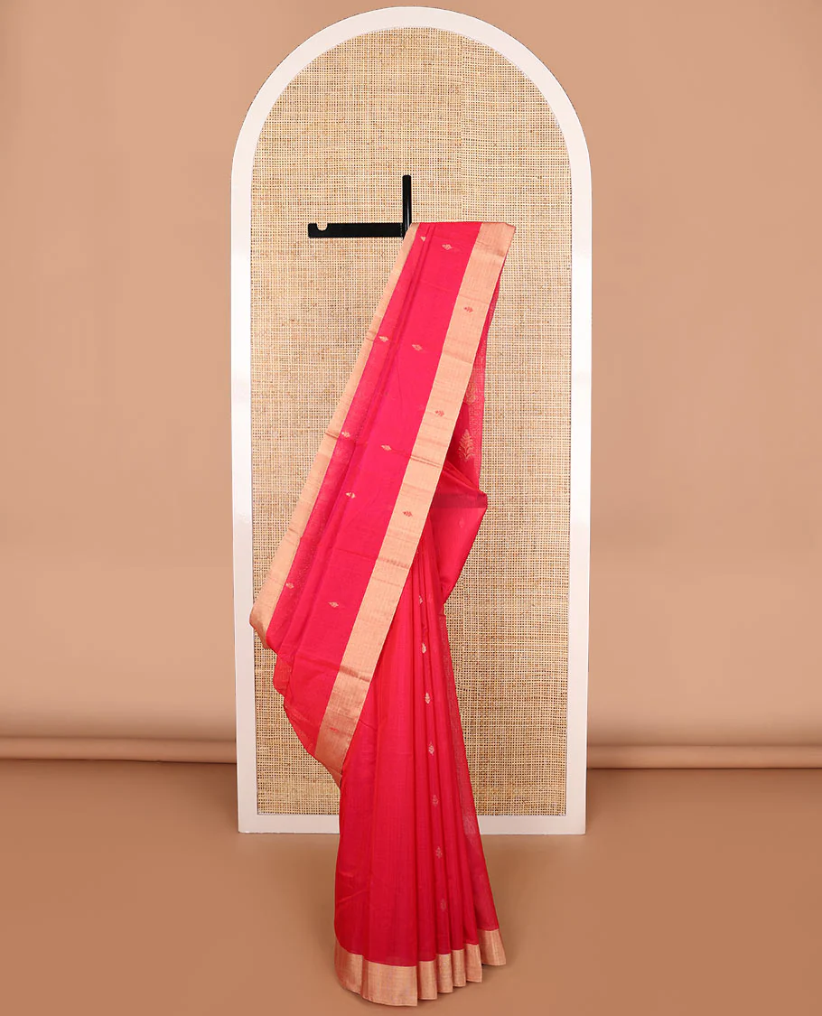 Red leaf motifs chanderi cotton saree with contrast zari border & striped pallu