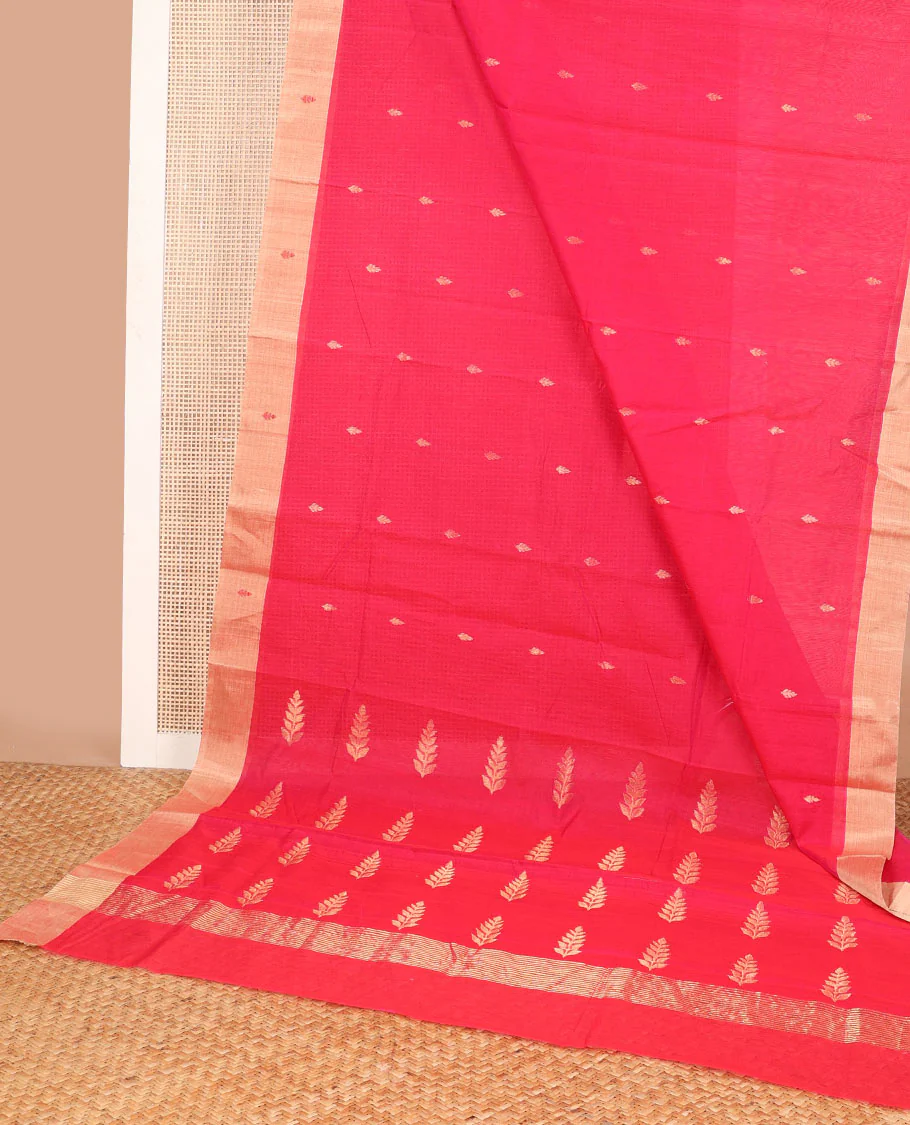 Red leaf motifs chanderi cotton saree with contrast zari border & striped pallu - Image 2