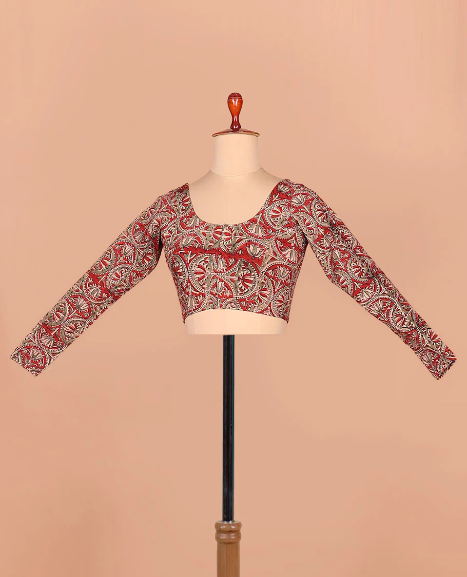 Red lotus enclosed scallop design printed front-back round neck full-sleeved cotton readymade blouse