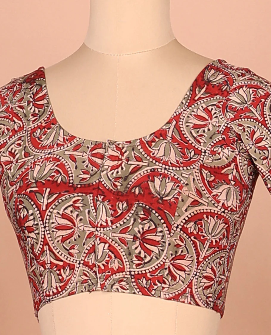 Red lotus enclosed scallop design printed front-back round neck full-sleeved cotton readymade blouse - Image 2