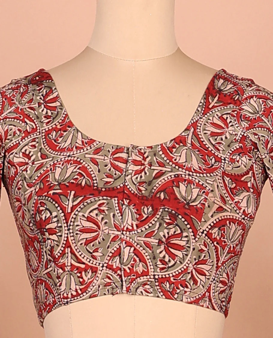 Red lotus enclosed scallop design printed front-back round neck full-sleeved cotton readymade blouse - Image 3