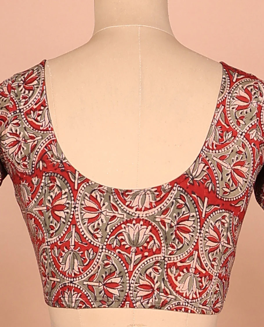 Red lotus enclosed scallop design printed front-back round neck full-sleeved cotton readymade blouse - Image 4