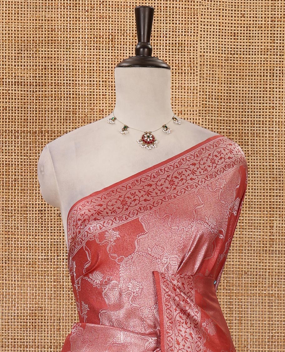 Red lotus zari jacquard softy saree, floral vine zari border, zari woven floral design pallu & matching zari jacquard blouse - Image 3