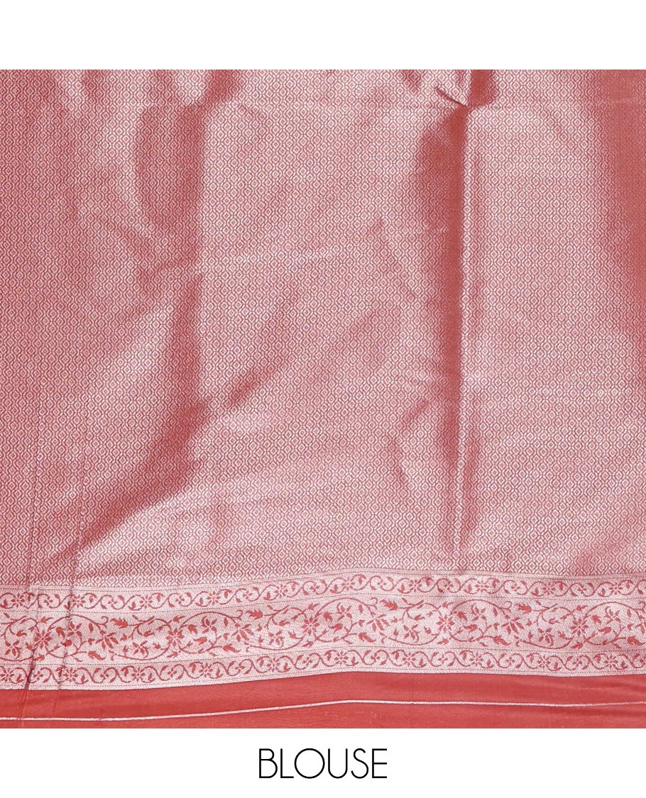 Red lotus zari jacquard softy saree, floral vine zari border, zari woven floral design pallu & matching zari jacquard blouse - Image 4