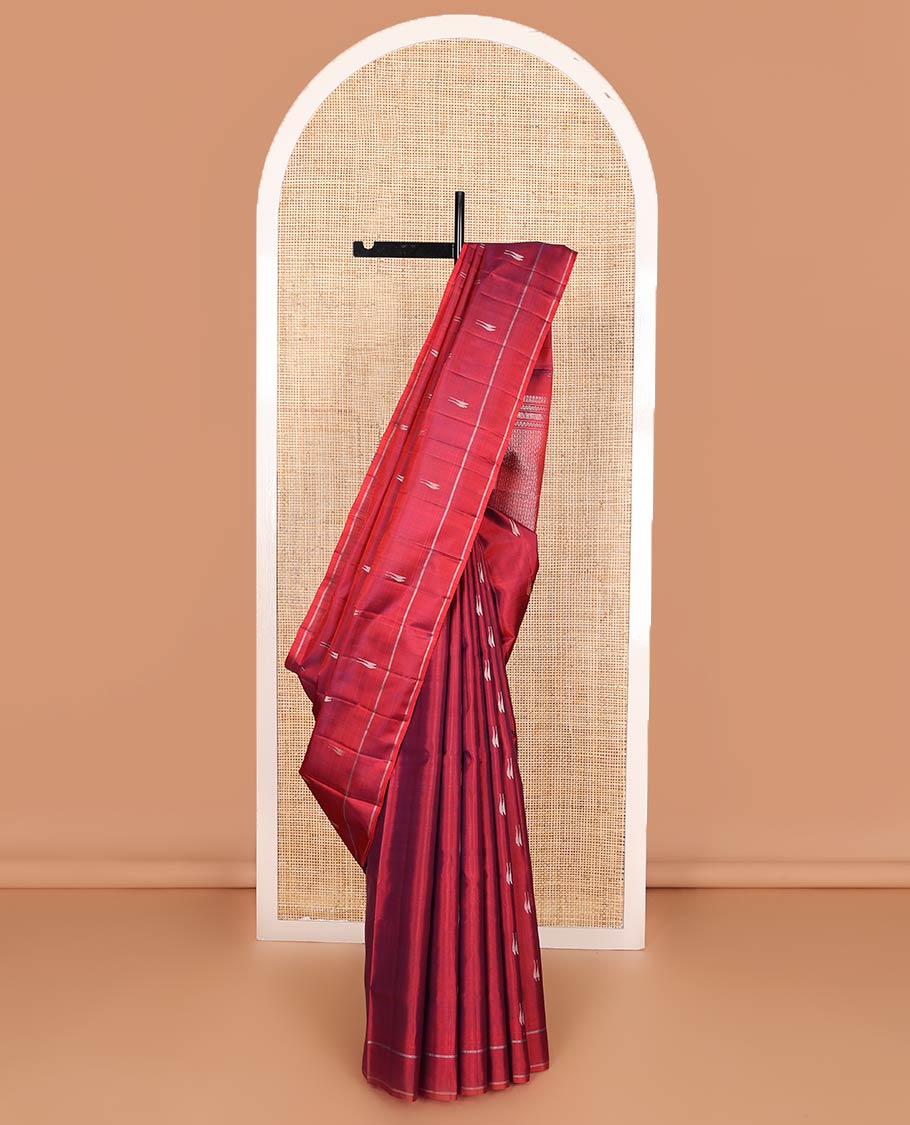 Red malli mokku buttas Mayuri soft silk saree, rettai pettu border, and pallu of manga, neli, Greek key designs