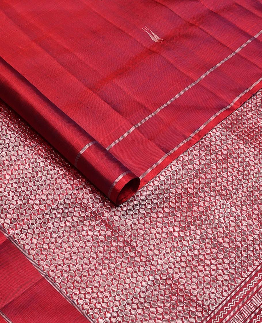 Red malli mokku buttas Mayuri soft silk saree, rettai pettu border, and pallu of manga, neli, Greek key designs - Image 2