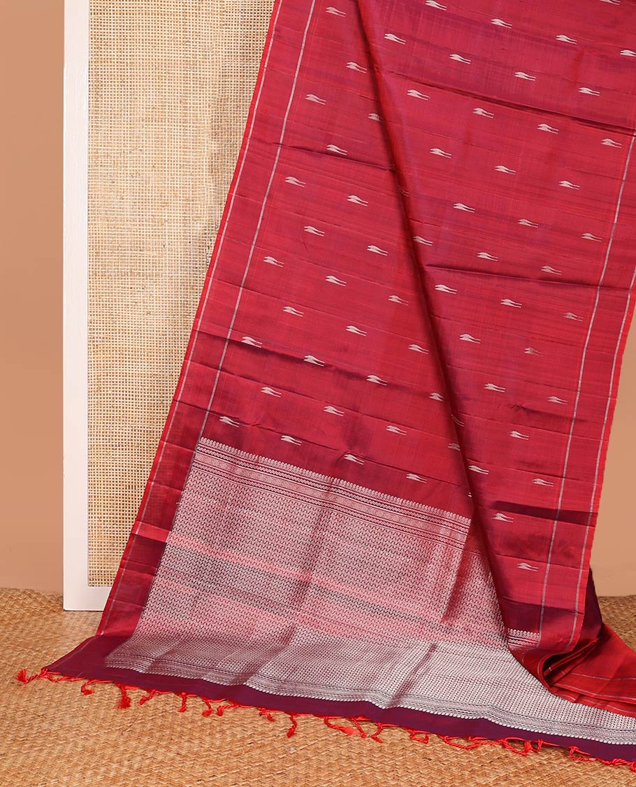 Red malli mokku buttas Mayuri soft silk saree, rettai pettu border, and pallu of manga, neli, Greek key designs - Image 3