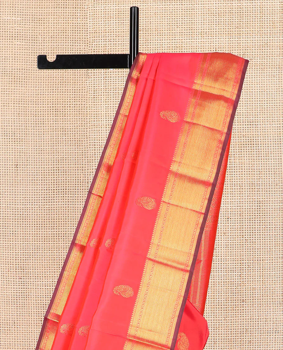 Red manga buttas Kanchipuram silk saree, zari border of thilakam mokku, zari stripes, and manga designs, and geometric patterned pallu - Image 3